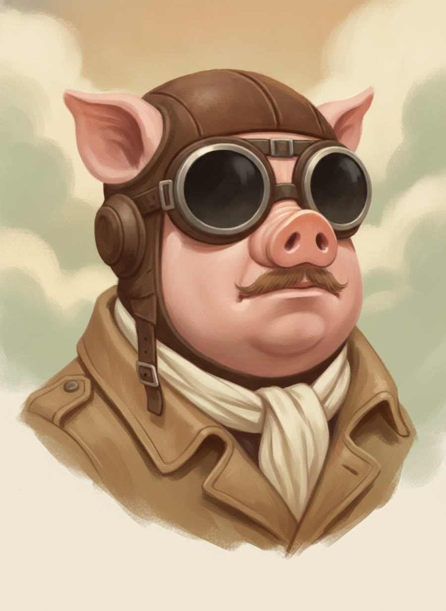 Caricature peinte de Thomas en aviateur, casque et lunettes de cuir, dans l'esprit d'un vieux pilote au grand cœur.