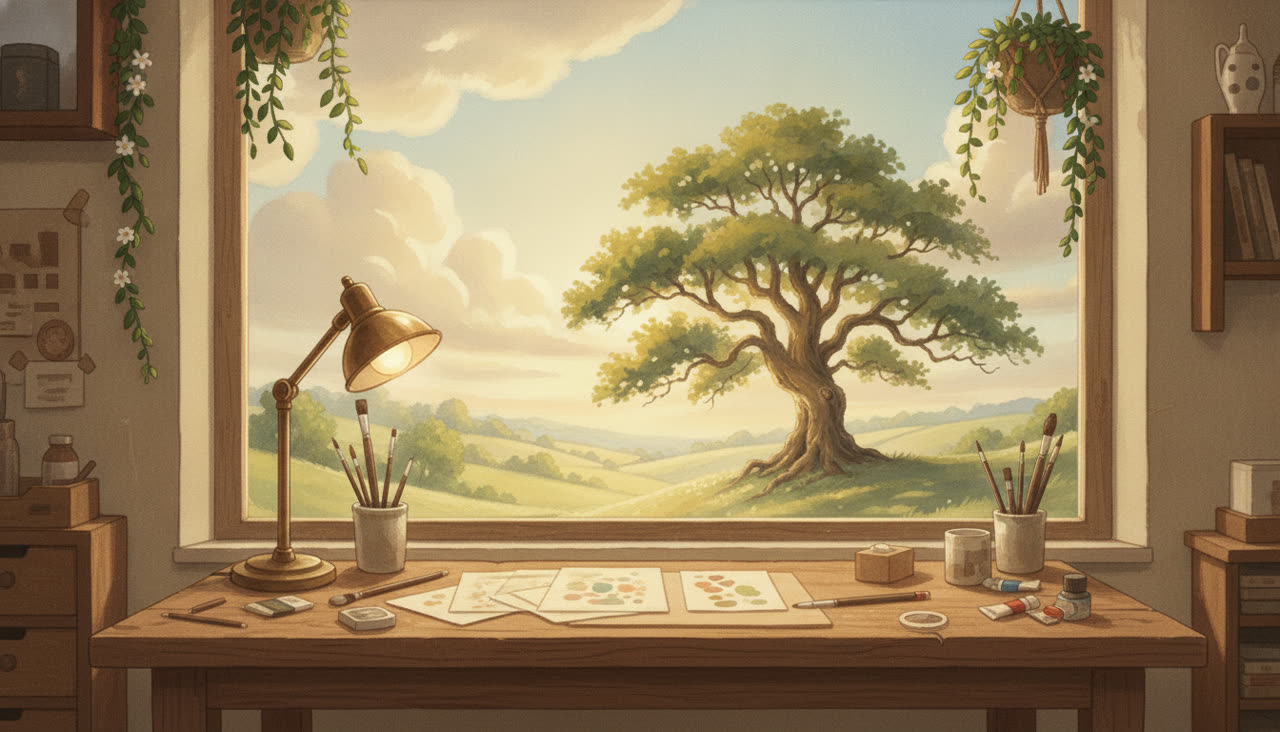 Peinture d'un atelier d'artisan : une table en bois, une lampe, des pinceaux et des nuanciers près d'une grande fenêtre ouverte sur les collines vertes et le grand chêne