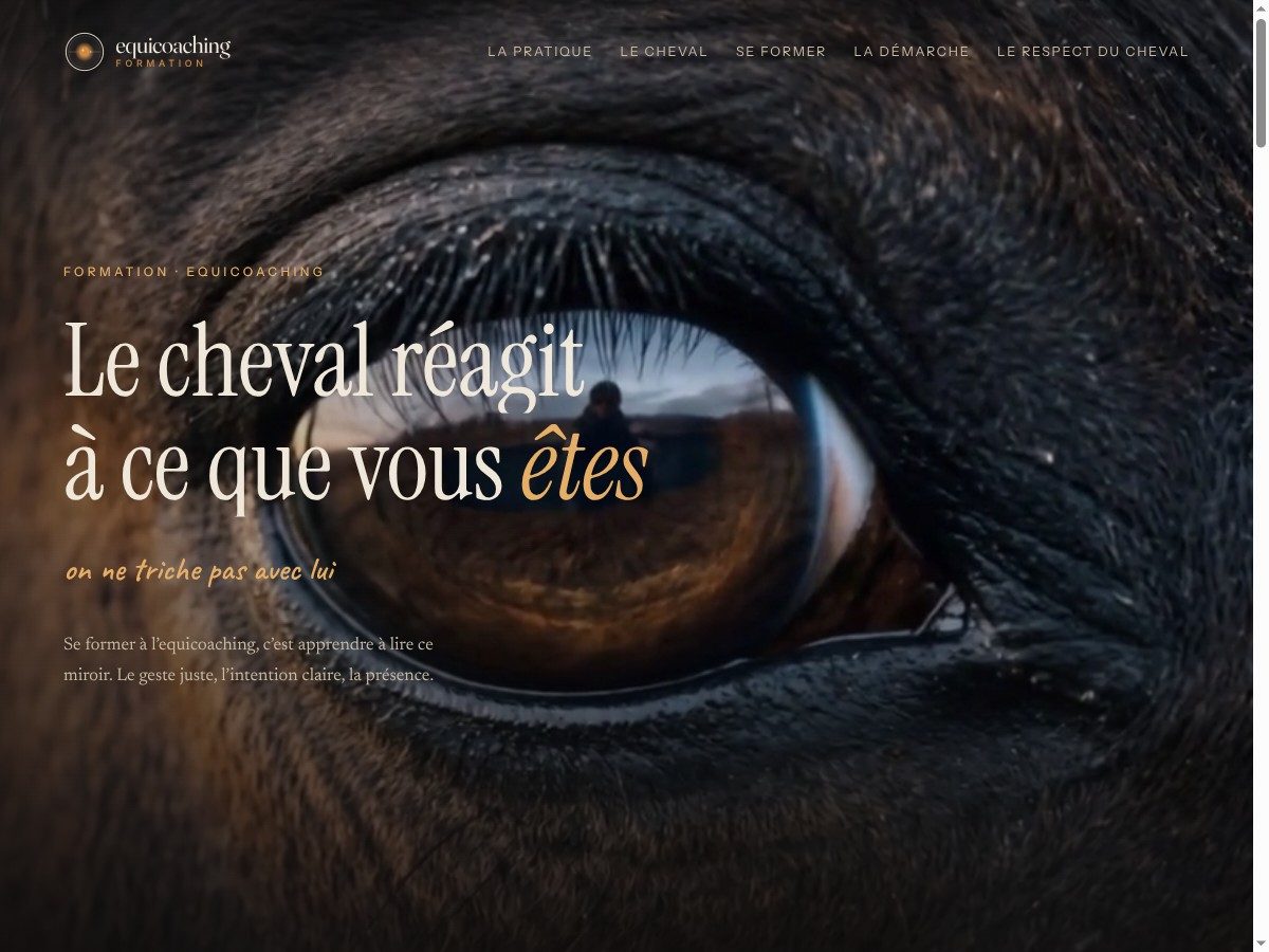 Capture du site Equicoaching Formation : hero sombre sur l'œil d'un cheval, titre « Le cheval réagit à ce que vous êtes »