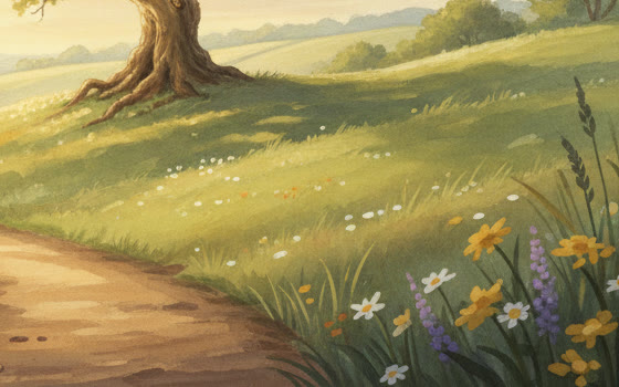 Peinture du pied d'un grand arbre, fleurs jaunes et violettes dans une lumière douce
