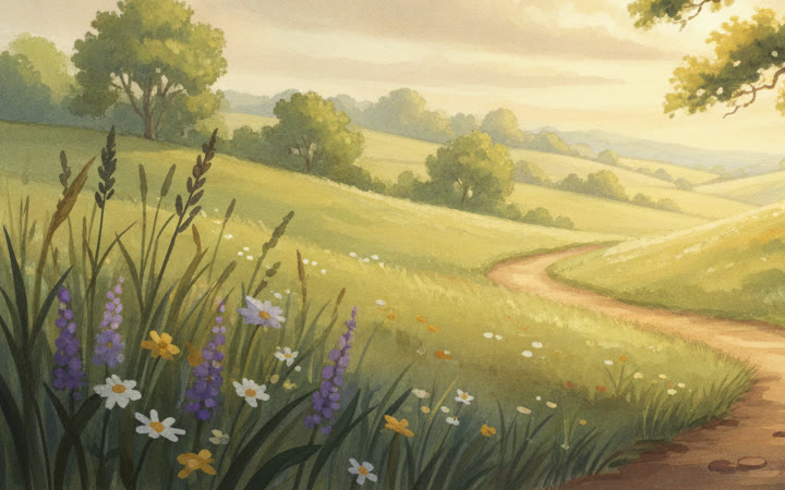 Peinture d'un chemin qui serpente entre herbes hautes et fleurs des prés, vers les collines